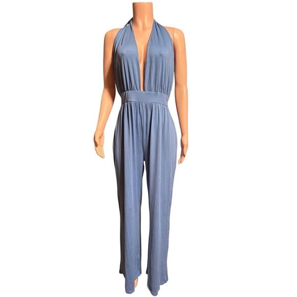 Shein blue plunge halter neck wide leg jumpsuit XL - Picture 1 of 7
